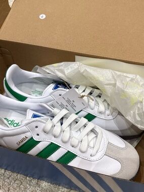 adidas Samba Leather Sneakers in White and Green